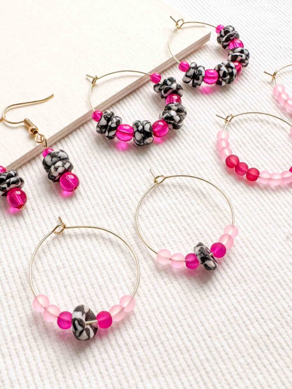 Recycled Glass Hoop Earrings Pink Black White Stainless Steel Beaded - Picture 9 of 12